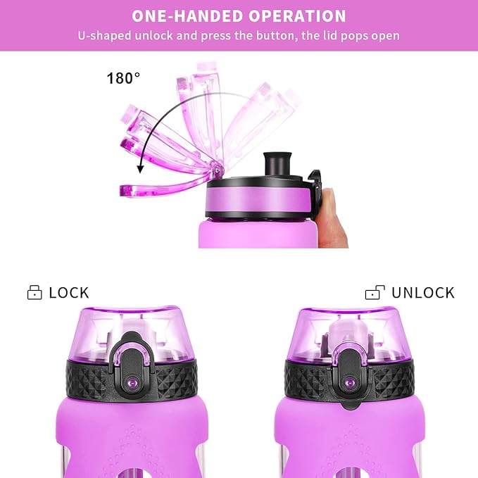 GOPPUS Glass Water Bottles with Straw and Flip Lid, Motivational Water Bottles with Time Marker Reminder and Silicone Sleeve, Leakproof, BPA Free (32 oz, Purple)