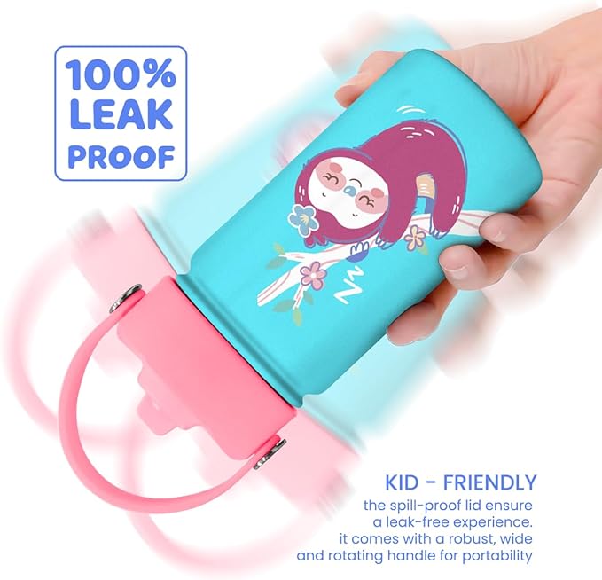Sloth Water Bottle - Kids Water Bottle with Straw Lid - 12 Oz Insulated Stainless Steel Water Bottles for Toddlers Kid Girls - Travel Cup for School Sports