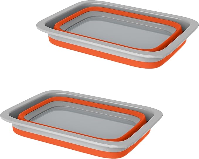 Set of 2 Multipurpose Wash Bins – 10-Liter Basins for Travel or Cleaning – Collapsible Bucket Camping Accessories by Wakeman (Orange)