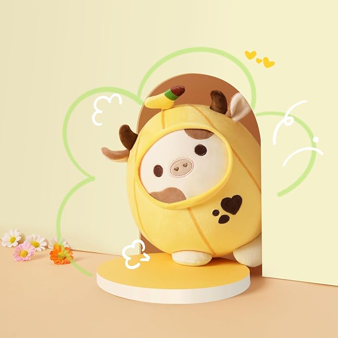 PEACH CAT Cute Banana Cow Plush Pillow Banana Cow Stuffed Animal Cow plushie with Banana Outerwear for Kids Yellow 12"