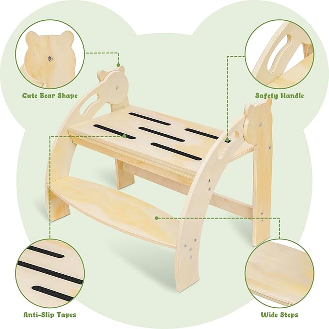 Foldable Step Stool for 2 Toddlers/Twins, Kids Stool with 22.7-Inch Wide Step, Safety Handles, Anti-Slip Strips, Toddler Step Stool for Bathroom Sink, Toilet, Kitchen Wooden 2 Step Stool