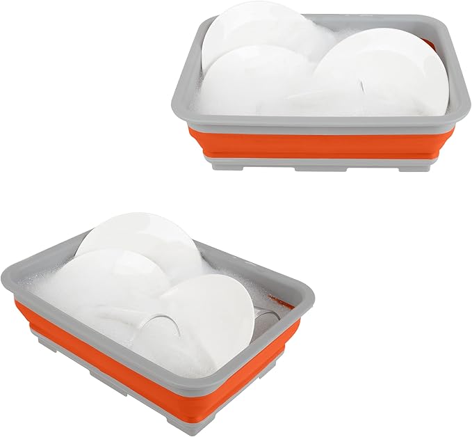 Set of 2 Multipurpose Wash Bins – 10-Liter Basins for Travel or Cleaning – Collapsible Bucket Camping Accessories by Wakeman (Orange)