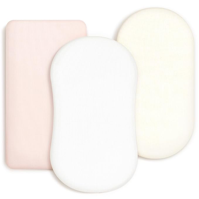 GRSSDER Stretchy Ultra Soft Fitted Bassinet Sheet 3 Pack, Universal Fit for Bassinets Baby Cradle Moses Basket Oval Rectangle Mattress Safe and Snug, Jersey Bassinet Sheets for Girls, Cream/Pink/White