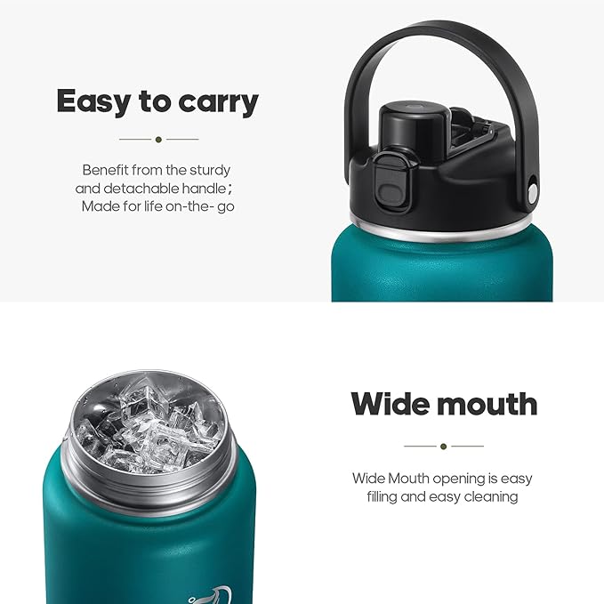 Half Gallon Insulated Water Bottle with 2-in-1 Lid (Chug Lid/Straw Lid), 40/64oz Double Walled Vacuum Stainless Steel Water Bottles, Water Jug with Straw