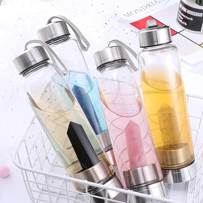 Crystal Glass Water Bottle Energy Quartz Gemstone Water Bottle with Changeable Natural Crystal Center for Healing and Wellness Jade Crystal