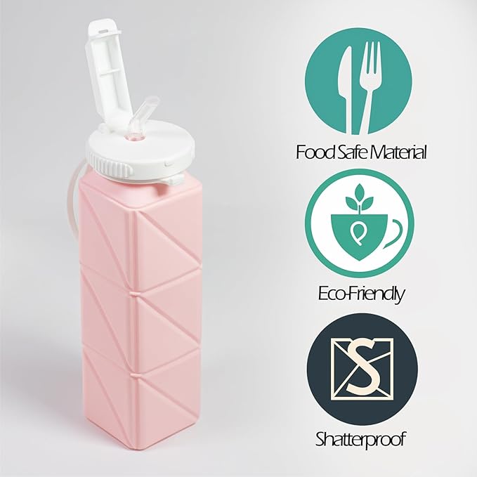 Collapsible Water Bottle, Silicone Foldable Water Bottles For Travel, Easy-To-Carry Design And Compact Size, BPA Free, 20 oz (2-Pack, Pink & Blue (Cuboid))