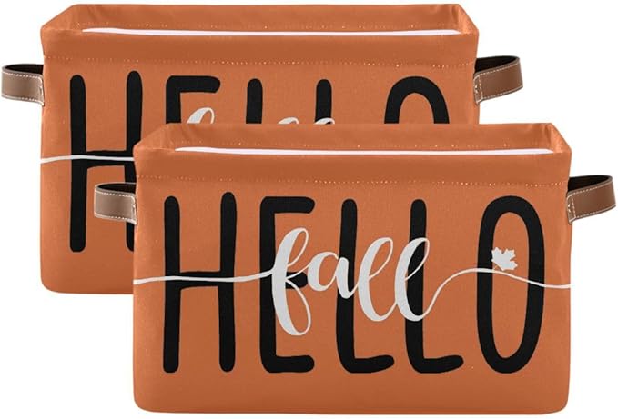 Hello Fall Orange Storage Basket Fabric Kitchen Baskets Autumn Pumpkin Open Home Storage Bins Boxes Foldable Organizer Bag for Baby Cloth Pet Toy Book Shelf Closet Baskets 16×12×8 Inches