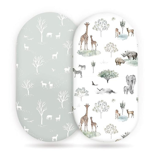 Stretch Ultra Soft Fitted Bassinet Sheet Set 2 Pack, Universal Fit for Bassinets Baby Cradle Moses Basket Oval Rectangle Mattress Safe and Snug, Pretty African Savannah Animals Pattern