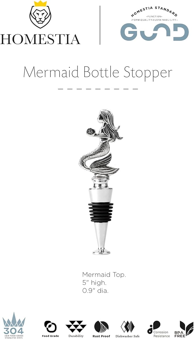Homestia Wine Bottle Stoppers for Glass Bottles, Mermaid Bottle Stopper Reusable Wine Corks Wine Tool, Zinc-Alloy Silicone Wine Stoppers, Wine Toppers with Decors