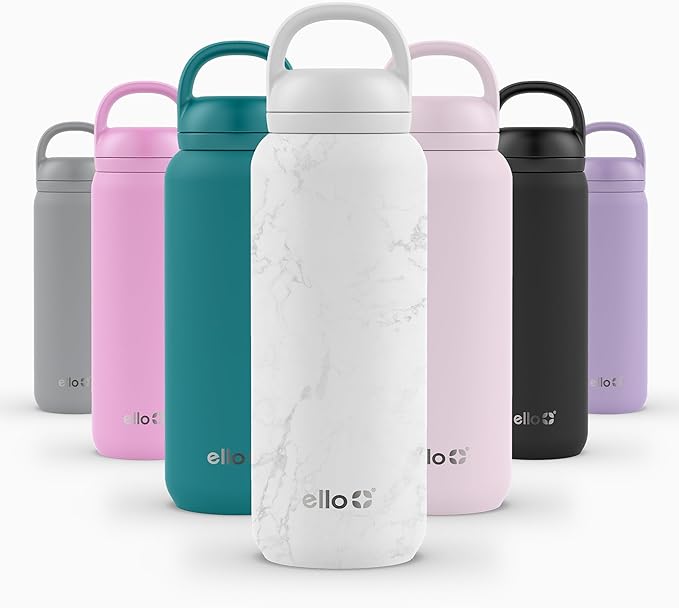Ello Cooper Twist 32oz Stainless Steel Water Bottle with Chug Lid | Leak Proof | Double Walled and Vacuum Insulated | Built in Carry Loop | Dishwasher Safe | White Marble