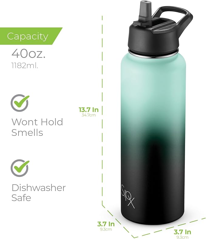 SipX™ Triple-Insulated Stainless Steel Water Bottle 40oz. With 3 Lids, BPA-Free Reusable Insulated Water Bottle Keeps Cold 24 Hours, Metal Water Bottle Made Of Sustainable Material For Hiking & Biking