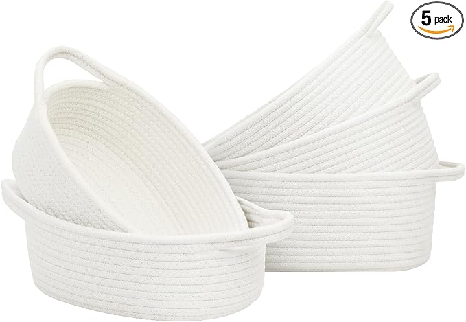 Small Woven Basket with Handles, 5 Pack Cotton Rope Room Shelf Storage Basket for Organizing Small Round Basket Baby Nursery Bins, White (Off White)