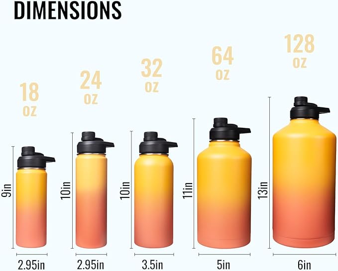 Gallon Water Bottle with Straw&Spout Lid, 128oz Stainless Steel Water Jug with Handle and Wide Mouth, One Gallon Vacuum Double Walled Jug for Sports, Outdoors. Yellow&Orange 128oz