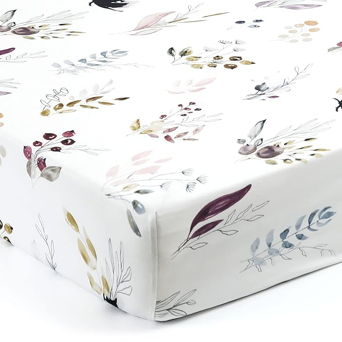 GRSSDER Stretchy Ultra Soft Jersey Knit Fitted Crib Sheets Set 2 Pack，Fits All Standard Crib Mattress Pads Safe and Snug, Pretty Purple Flora Botanical for Baby Girls