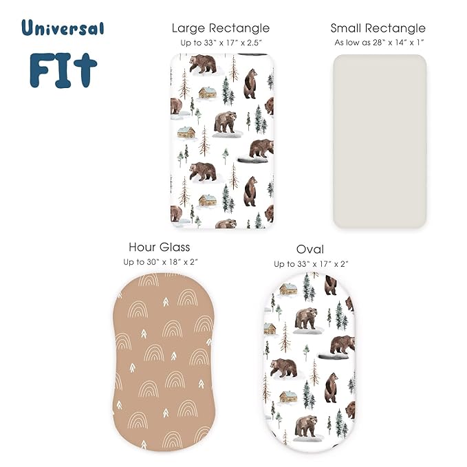 GRSSDER Stretchy Ultra Soft Fitted Bassinet Sheet Set 3 Pack, Universal Fit for Bassinets Baby Cradle Moses Basket Oval Rectangle Mattress Safe and Snug, Jungle Bear/Rainbow for Baby