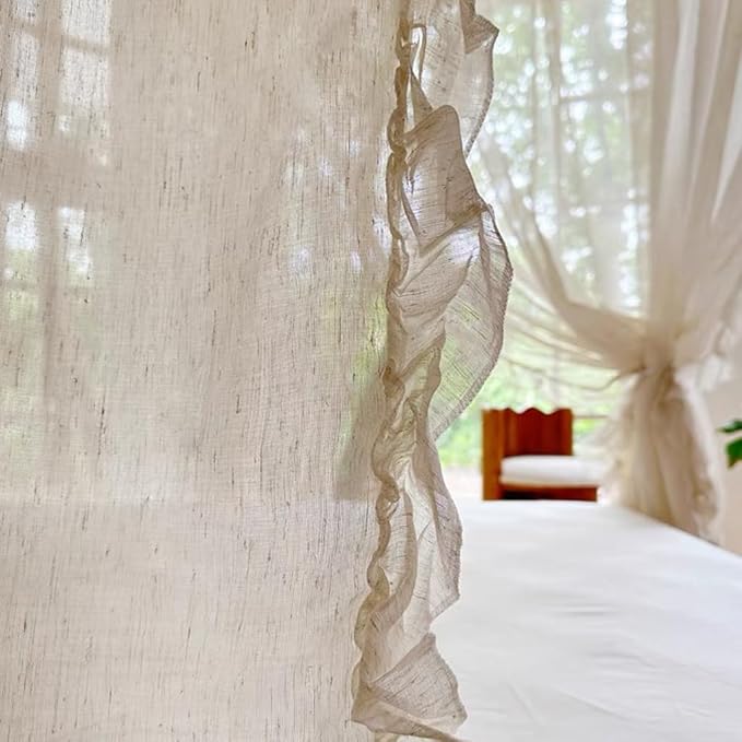 Elegant Modern Linen Princess 4 Corner Post Mosquito Net Romantic for Girls Women Bed Curtain Canopy for Adult Wedding Bedroom Kids Rooms Decoration (White-Beige, King)