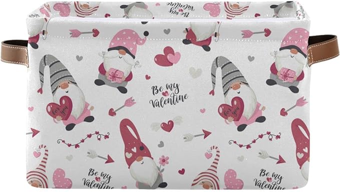 Happy Valentine's Day Gnomes Storage Basket Fabric Laundry Baskets Be Mine Valentine Love Heart Storage Boxes Organizer Bag for Baby Cloth Dog Toy Book Storage Cubes Shelf Closet Bins 16×12×8 Inches