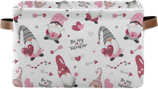 Happy Valentine's Day Gnomes Storage Basket Fabric Laundry Baskets Be Mine Valentine Love Heart Storage Boxes Organizer Bag for Baby Cloth Dog Toy Book Storage Cubes Shelf Closet Bins 16×12×8 Inches