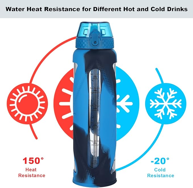 GOPPUS Glass Water Bottles with Straw and Flip Lid, Motivational Water Bottles with Time Marker Reminder and Silicone Sleeve, Leakproof, BPA Free (32 oz, Blue Mixed)