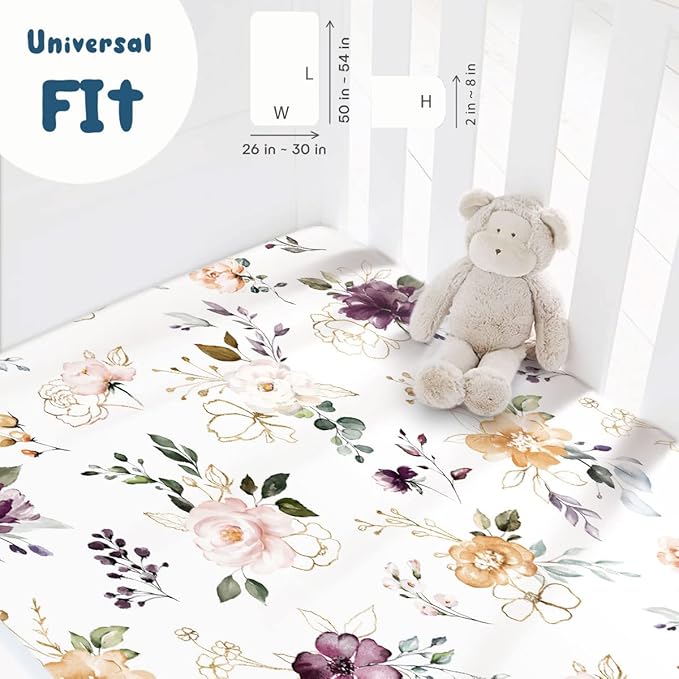 GRSSDER Stretchy Ultra Soft Jersey Knit Fitted Crib Sheets Set 2 Pack，Fits All Standard Crib Mattress Pads Safe and Snug, Pretty Purple Flora Botanical for Baby Girls