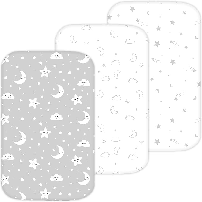 Bassinet Sheets for Maxi-Cosi Iora, Papablic 2 in 1 Bonni, Cowiewie Bassinet Bedside Sleeper, 3 Pack, 33x20 Inch, Ultra Soft, Breathable Snug Fit, Unisex Boys Girls, Gray White (Moon, Stars, Clouds)