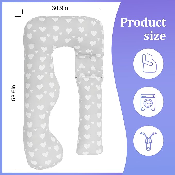 Floral Soft Pregnancy Pillow Cover (ONLY Pillowcase), U Shaped Luxurious Velvet Maternity Pillow Cover with Hidden Zip, Warm Large Pillow Protector for Side Sleeper, Grey, 59x31 in