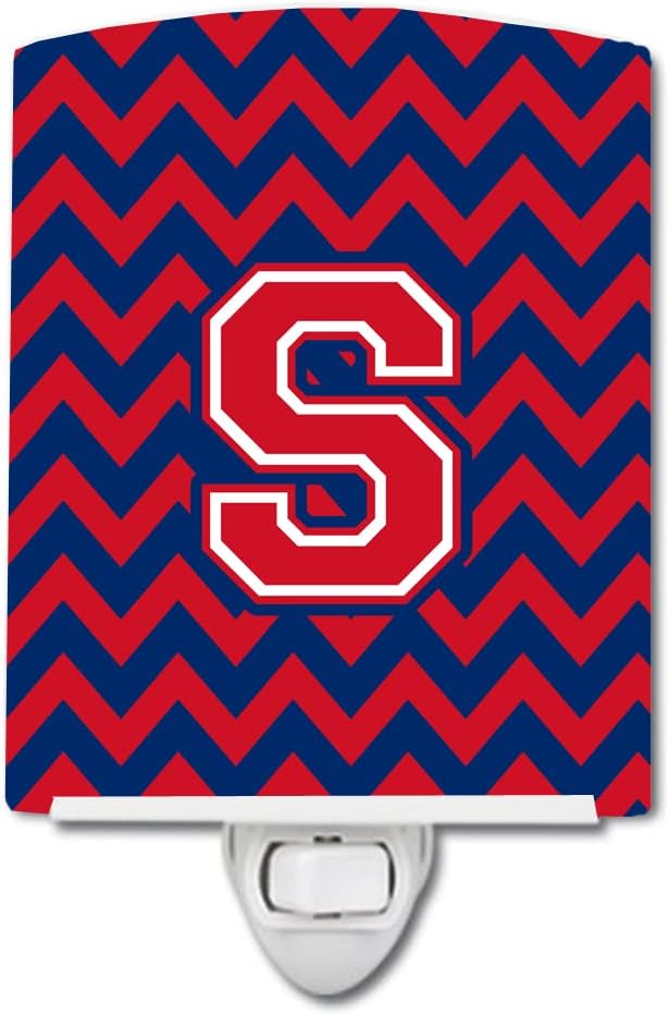 Caroline's Treasures CJ1054-SCNL Letter S Chevron Yale Blue and Crimson Ceramic Night Light Compact, UL-Certified, Ideal for Bedroom, Bathroom, Nursery, Hallway, Kitchen, 6x4x3, Multicolor