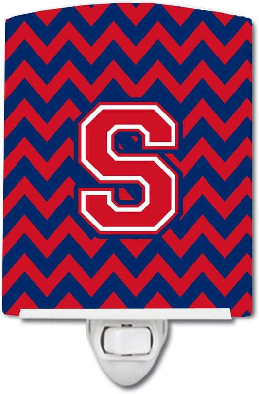 Caroline's Treasures CJ1054-SCNL Letter S Chevron Yale Blue and Crimson Ceramic Night Light Compact, UL-Certified, Ideal for Bedroom, Bathroom, Nursery, Hallway, Kitchen, 6x4x3, Multicolor