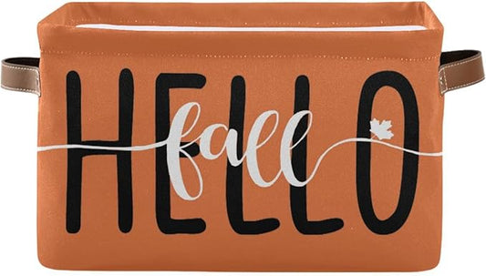 Hello Fall Orange Storage Basket Fabric Kitchen Baskets Autumn Pumpkin Open Home Storage Bins Boxes Foldable Organizer Bag for Baby Cloth Pet Toy Book Shelf Closet Baskets 16×12×8 Inches
