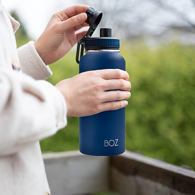 BOZ Stainless Steel Water Bottle - Vaccum Insulated Water Bottle 32 Oz - Wide Mouth BPA Free Sport Water Bottle for Gym with Spout Lid - Thermal Hot & Cold 1 Litre Blue Waterbottle