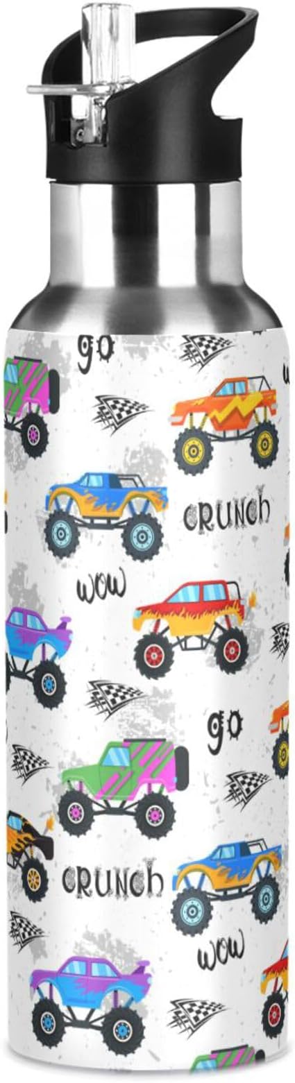 Monster Truck Sports Water Bottle, Double Wall Vacuum Insulated Stainless Steel Water Bottle with Straw Keeps Hot and Cold, Bike Running Sports Travel Gym 20oz