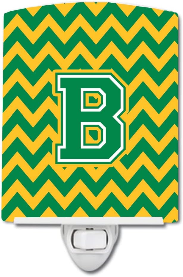 Caroline's Treasures CJ1059-BCNL Letter B Chevron Green and Gold Ceramic Night Light Compact, UL-Certified, Ideal for Bedroom, Bathroom, Nursery, Hallway, Kitchen, 6x4x3, Multicolor