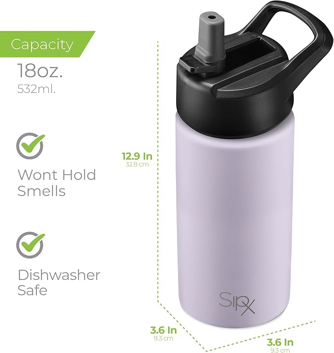 SipX™ Triple-Insulated Stainless Steel Water Bottle 18oz. With 3 Lids, BPA-Free Reusable Insulated Water Bottle Keeps Cold 24 Hours, Metal Water Bottle Made Of Sustainable Material For Hiking & Biking