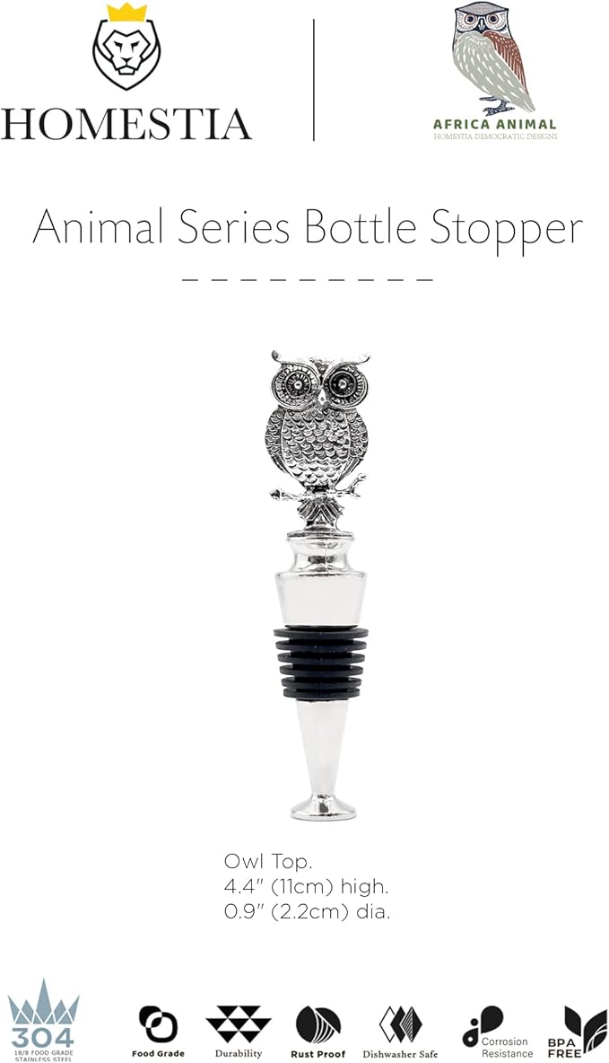 Homestia Wine Bottle Stoppers for Glass Bottles, Owl Bottle Stopper Reusable Wine Corks Wine Tool, Zinc-Alloy Silicone Wine Stoppers, Wine Toppers with Decors
