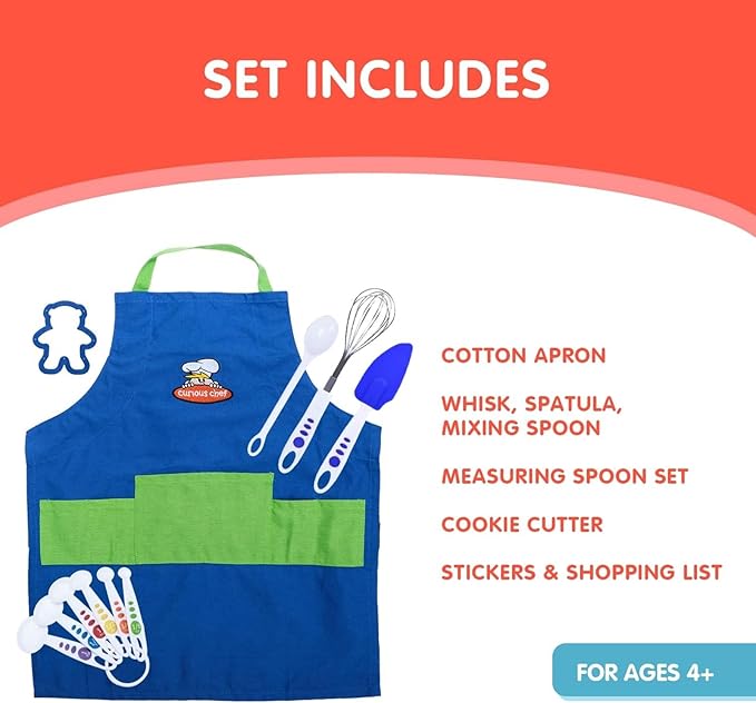 Curious Chef 11-Piece Blue and Green Chef's Kit for Kids, Includes Real Cooking and Baking Tools, Dishwasher Safe and Made with BPA-Free Plastic