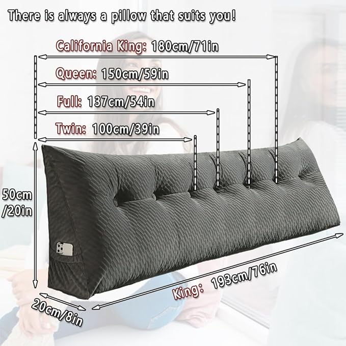 Gradient Velvet Triangular Wedge Pillow, Removable Cover Headboard Pillow for Daybed, Backrest Positioning Support Pillow Cushion Resting Reading Relaxing (Grey, California King(71*20*8in))