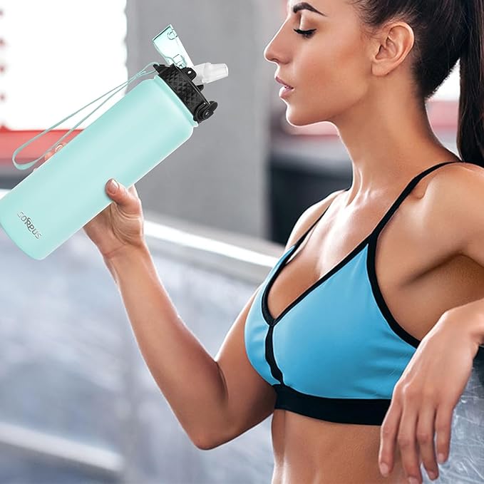 GOPPUS 32 oz Sports Water Bottle 1 Liter Double Wall Insulated Stainless Steel Water Bottles with Straw Lid Reusable Leak proof Metal water bottles with Strap Handle(Green 1 lid)