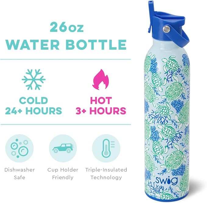 Swig Life 26oz Insulated Water Bottle with Straw & Flip + Sip Handle | Leak Proof, Dishwasher Safe, Cup Holder Friendly, Stainless Steel Water Bottle (Shell Yeah)
