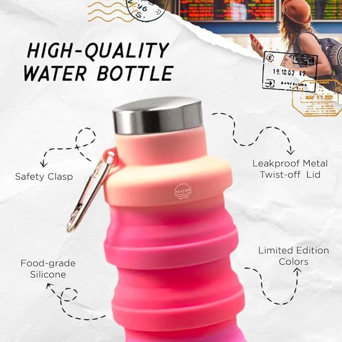 Mayim Collapsible Water Bottles Silicone Travel Tumbler with Clip for Backpack, Reusable Portable Sport Water Bottle for Gym, Camping, Hiking or Airport, 24 Oz Navy