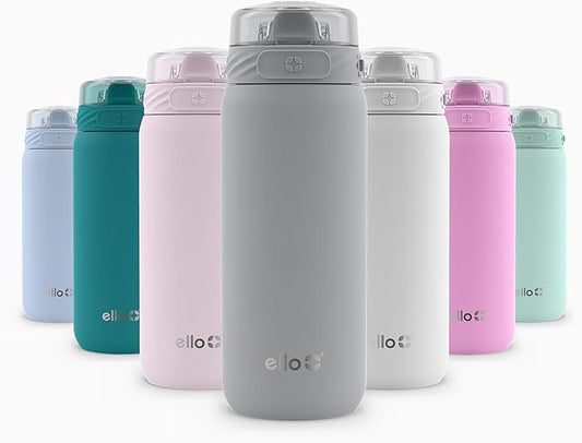 Ello Cooper 18oz Kids Stainless Steel Water Bottle with Straw and Carry Handle, Double Walled and Vacuum Insulated Metal, Leak Proof Locking Lid with Soft Silicone Spout, Reusable, BPA Free, Gray