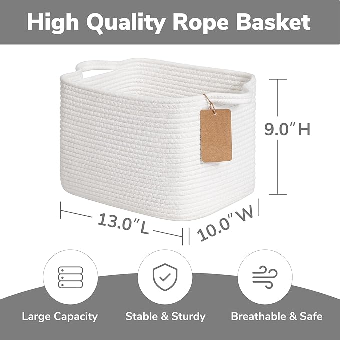 Goodpick Rope Basket, Storage Baskets for Organizing, Rectangle Baby Nursery basket with Handles, Small Woven Basket for Shelves, Living Room, 13 x 10 x 9 Inches, White