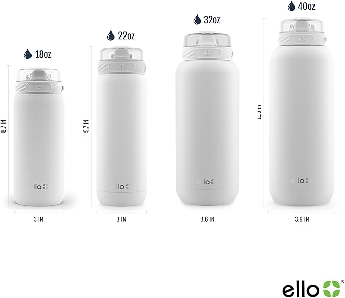 Ello Cooper 40oz Stainless Steel Water Bottle with Straw and Carry Handle, Double Walled and Vacuum Insulated Metal, Leak Proof Locking Lid with Soft Silicone Spout, Reusable, BPA Free, White
