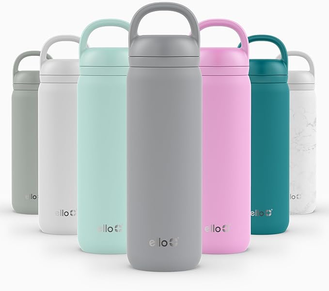 Ello Cooper Twist 22oz Stainless Steel Water Bottle with Chug Lid | Leak Proof Double Walled and Vacuum Insulated | Fits Car Cupholder | Built in Carry Loop | Dishwasher Safe | Gray