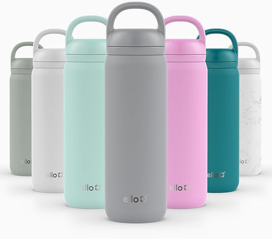 Ello Cooper Twist 22oz Stainless Steel Water Bottle with Chug Lid | Leak Proof Double Walled and Vacuum Insulated | Fits Car Cupholder | Built in Carry Loop | Dishwasher Safe | Gray