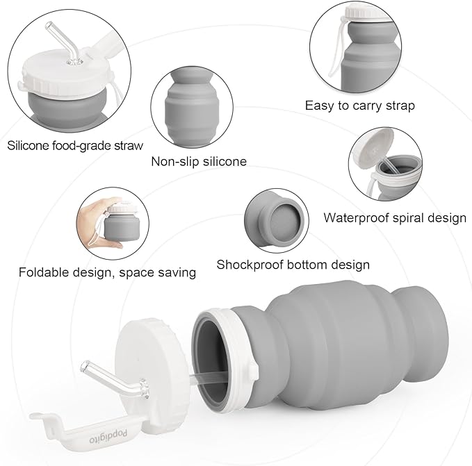 Collapsible Water Bottles,BPA-Free Leak-Proof Silicone Foldable Water Bottle Cup 20.6oz,Durable Lightweight Bottle for Gym Travel Camping Hiking Running (Type2 grey little 320ml)