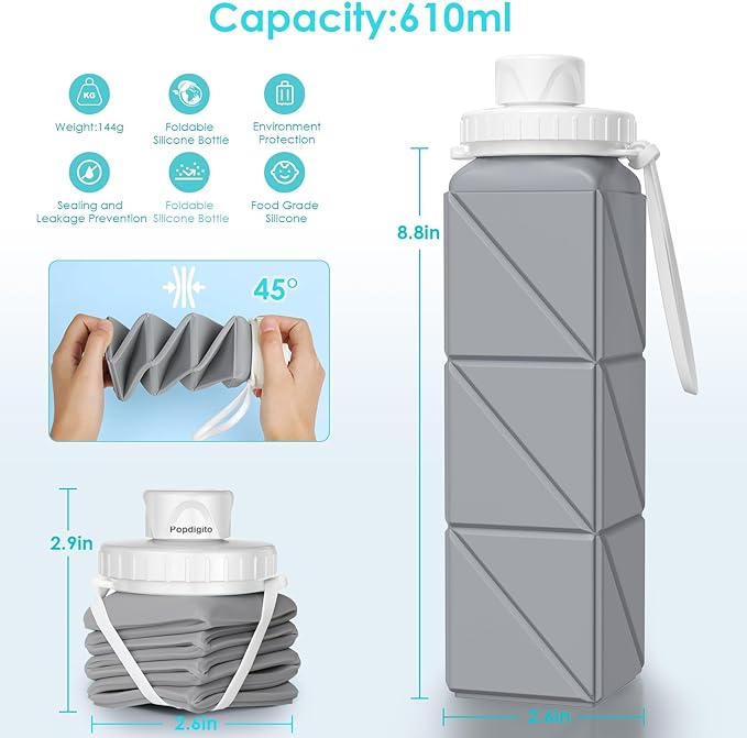 Collapsible Water Bottles,BPA-Free Leak-Proof Silicone Foldable Water Bottle Cup 20.6oz,Durable Lightweight Bottle for Gym Travel Camping Hiking Running (Grey)