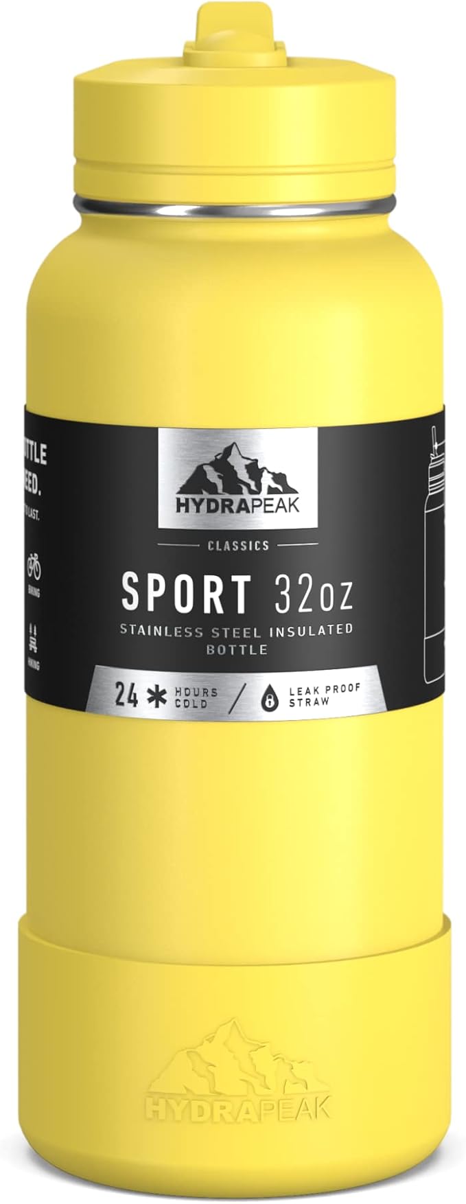 Hydrapeak 32oz Sport Insulated Water Bottle with Straw or Chug Lid, Leak & Spill Proof, Keeps Drinks Cold for 24 Hours, Hot for 12 Hours, Premium Stainless Steel Water Bottles (32oz, Lemon)