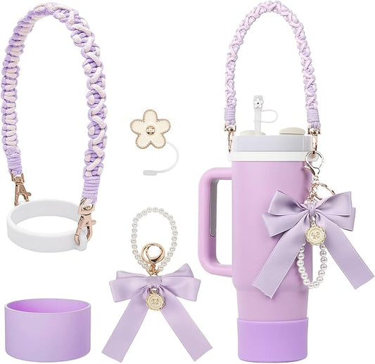BELSITA Stanley Cup Accessories Set, Bow Pearl Chain Braided Design Water Bottle Handle Strap, Silicone Stanley Cup Boot, Stanley Charms for Stanley Cup 30/40oz Tumble (Purple)