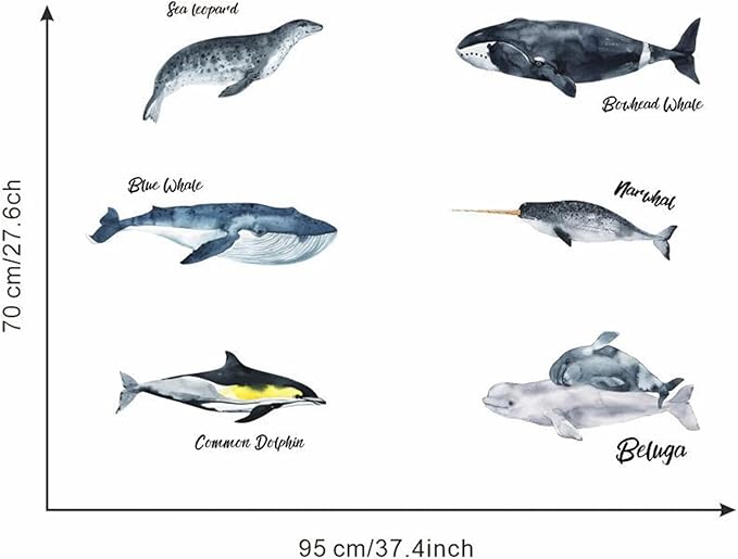 Removable Vinyl Whale Wall Decal Sea Life Wall Sticker Decor Nursery Kidsroom School Classroom Livingroom Bedroom Bathroom Coastal Ocean Fish Murals Decals