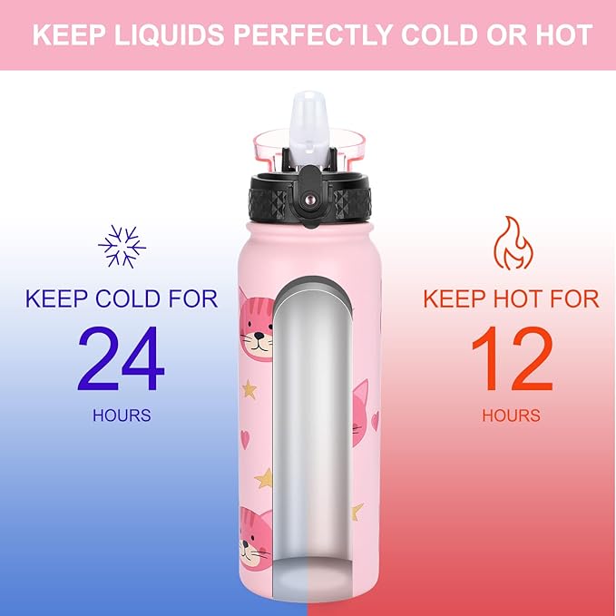 GOPPUS Kids Water Bottle with Straw Lid 20 oz Cat printing Double Walled Metal Insulated Stainless Steel Sports Water Bottles Leak Proof with Strap Handle for Boys Girls School(ink Cat 1 Lid)